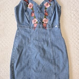 Guess Strapless Light Blue Denim Dress with Pink Rose Embroidery